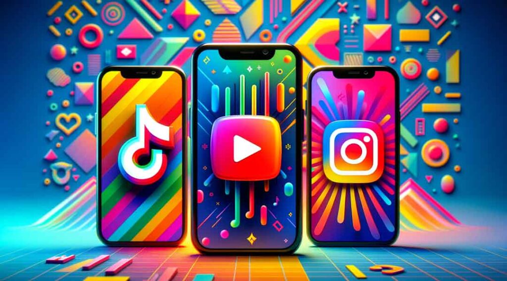 Die drei Kurzvideo Plaattformen TikTok YouTube Shorts und Instagram auf drei Handys dargestellt
